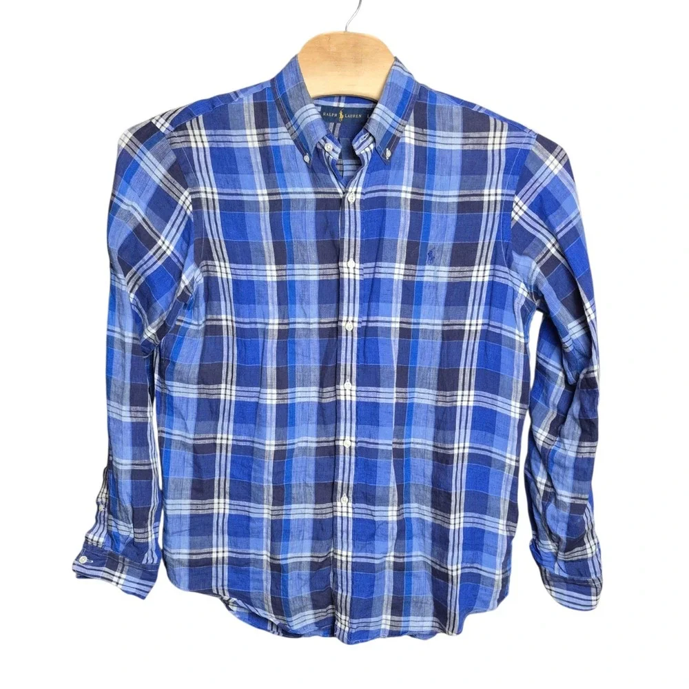 Ralph Lauren Men's L‎ Linen Plaid Button Down Shirt Blue Preppy